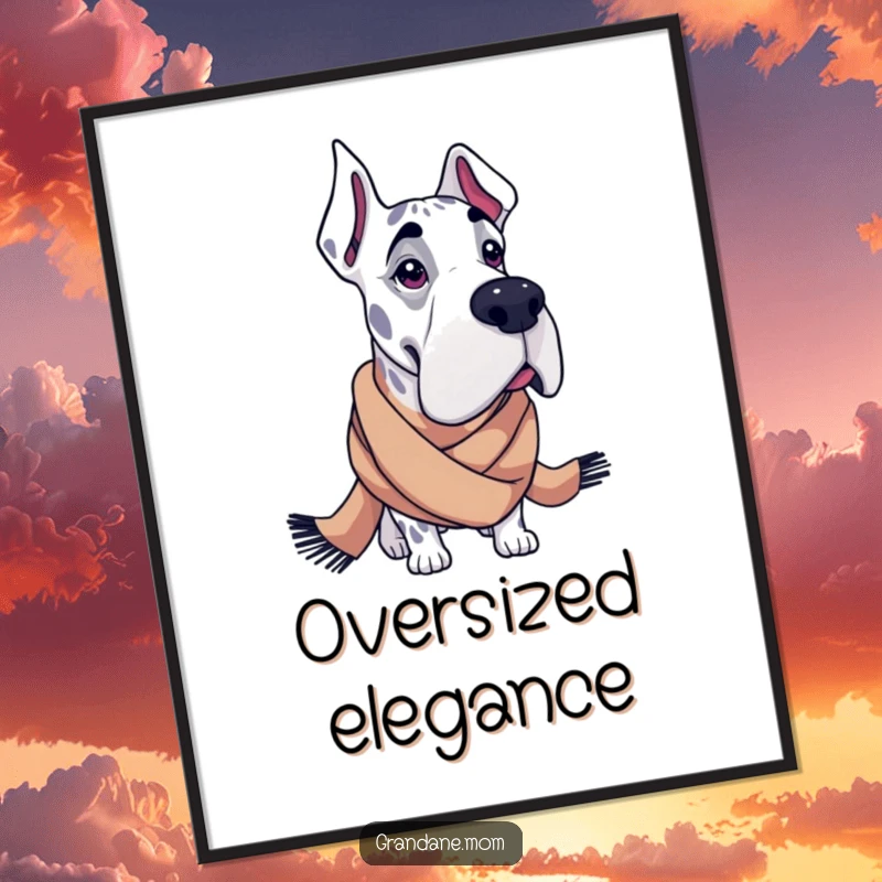 Funny Grand Dane poster showcasing a large dog looking incredibly fashionable in an oversized scarf, adding chic humor to decor.