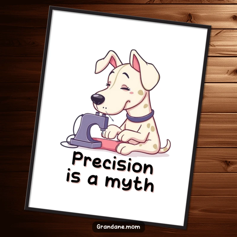 Funny Grand Dane looking perplexed while trying to sew a tiny button with oversized needles, presented as a humorous wall art poster.