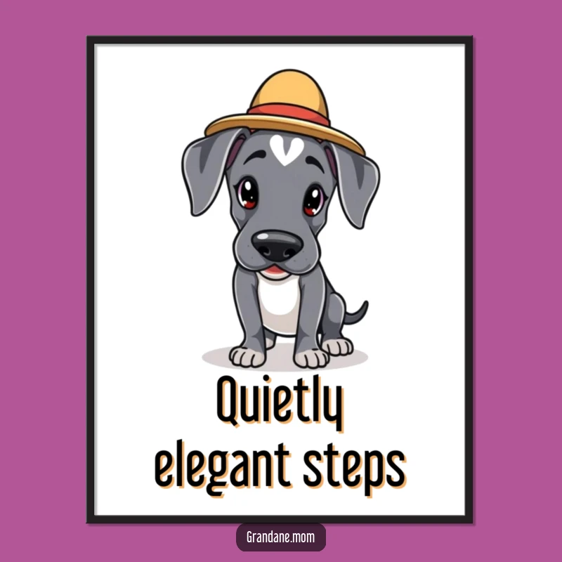 Funny Kawaii Great Dane Poster: Elegant Hatted Dog Tiptoes, Decorative Funny Gift