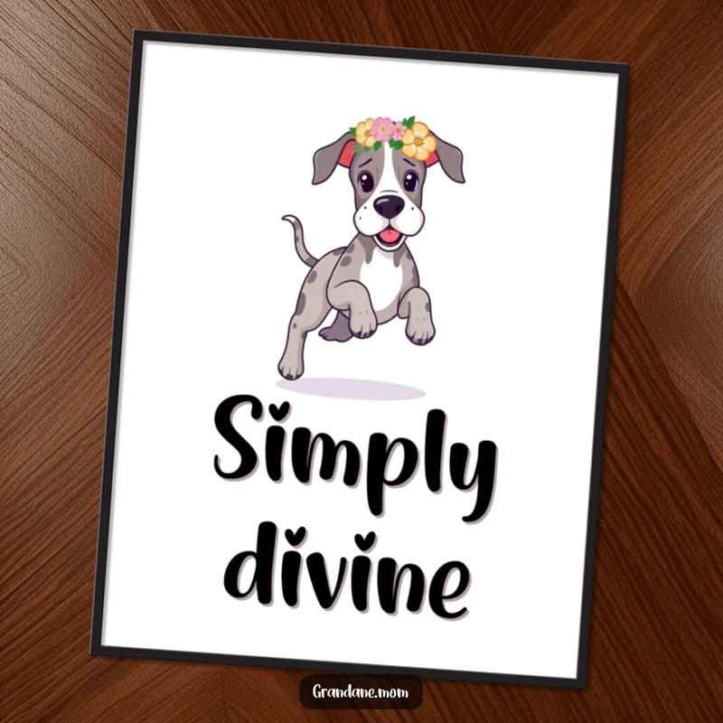 Funny Great Dane flower headband poster showing a large dog prancing playfully with a colorful and festive floral crown.