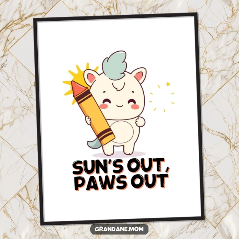 Funny daniff poster, a dog with a giant crayon drawing a happy sun, vibrant artwork symbolizing optimism and artistic expression, a funny gift.