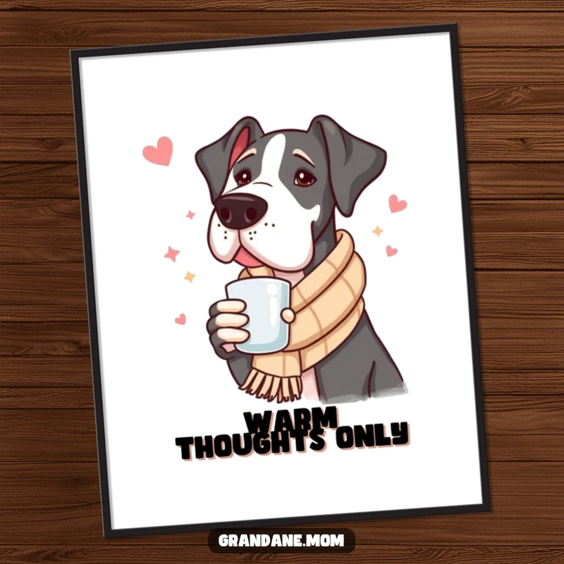 Funny Great Dane Poster: A large, peaceful dog in a scarf holds a steaming cup, radiating cozy vibes for wall art.