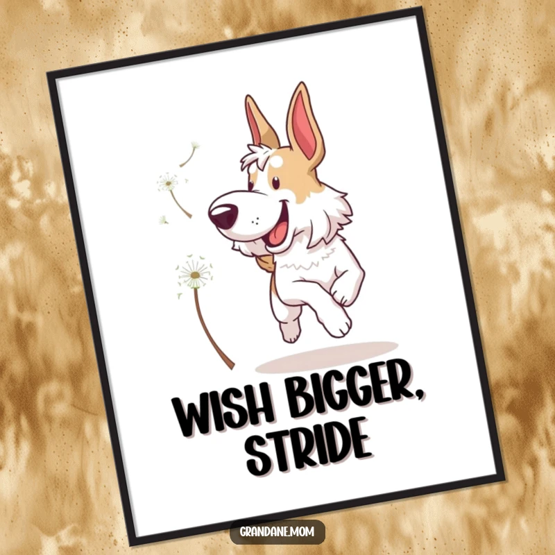 Funny Grand Dane Poster: A majestic dog caught in a moment of pure, ecstatic chase after a floating dandelion seed.