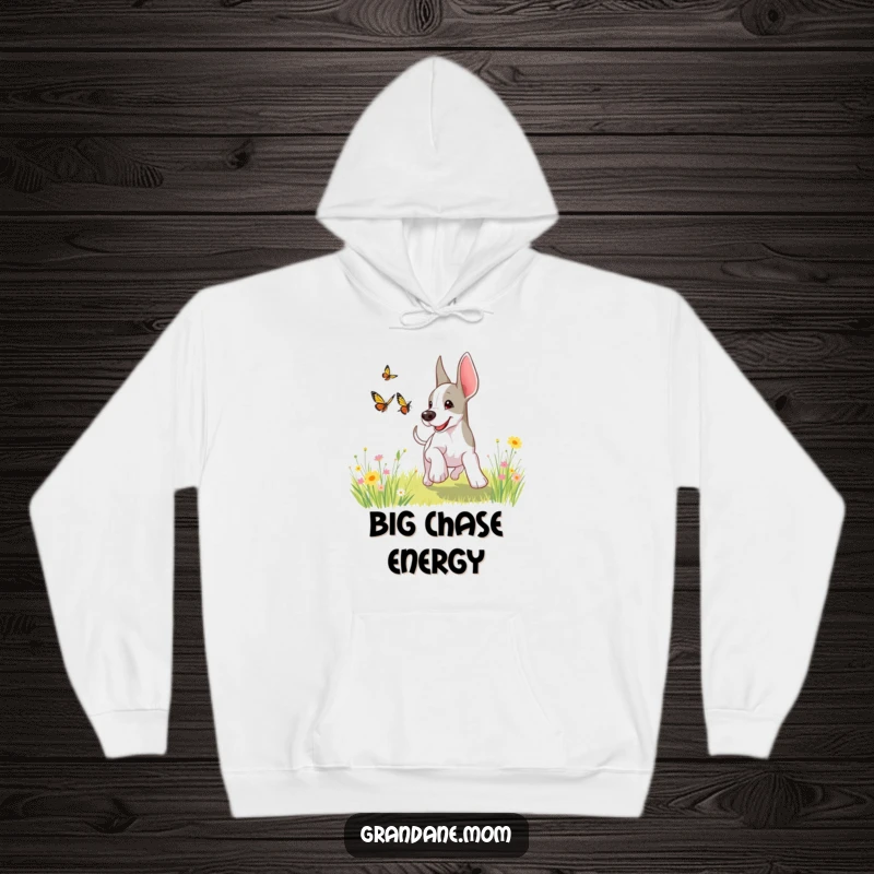 Funny, large Grand Dane happily leaping after a butterfly in a sunlit meadow, perfect for cozy days.