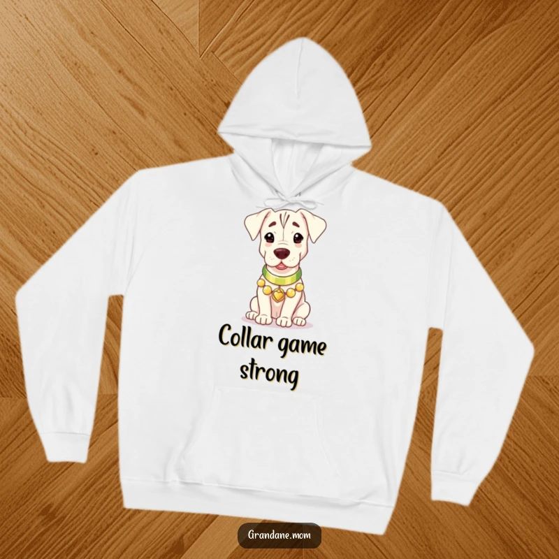 A large Grand Dane wearing a polished collar, emitting a gentle, inviting warmth, depicted on a cozy hoodie.