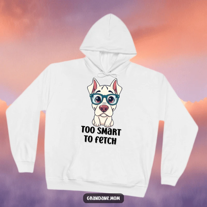 Funny Grand Dane Hoodie: A Grand Dane sporting oversized glasses, offering warmth and a humorous, curious intellectual vibe.