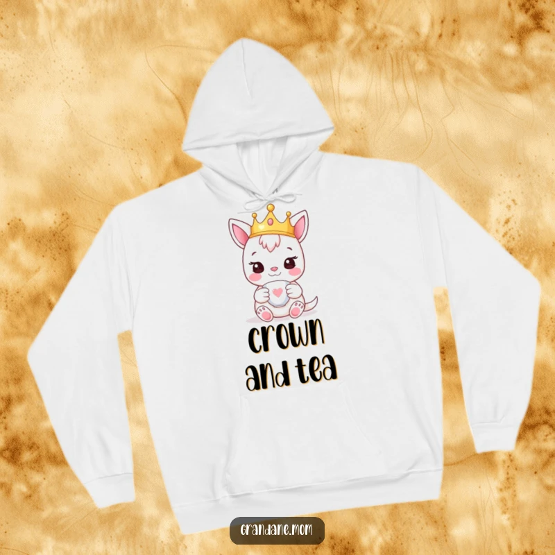 Funny daniff hoodie featuring a happy pup wearing a tiny crown and holding a teacup, radiating comfort and class.