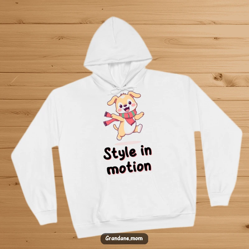 Funny daniff hoodie, a stylish dog in a scarf executing a playful leap, exuding joy and fashion, a great funny gift.