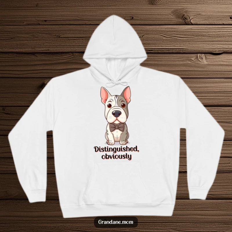 Funny hoodie with a distinguished Grand Dane wearing a bow tie, offering warmth and a dose of sophisticated canine humor.
