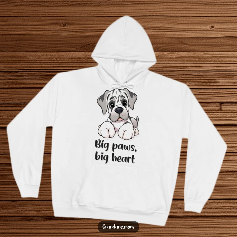 Funny hoodie featuring a Grand Dane with giant paws gently presenting a soft toy, perfect for gentle giant fans.