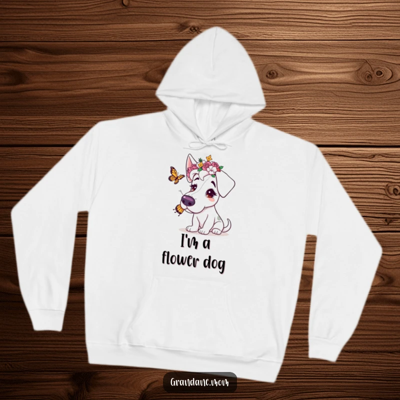 Funny hoodie featuring a Grand Dane wearing a flower crown, gently playing with a butterfly, offering warmth and canine cuddles.