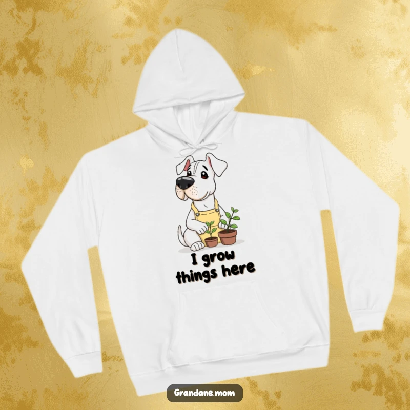 Funny Grand Dane in a cute gardening apron, delicately caring for a tiny green sprout, showcased on a soft hoodie.