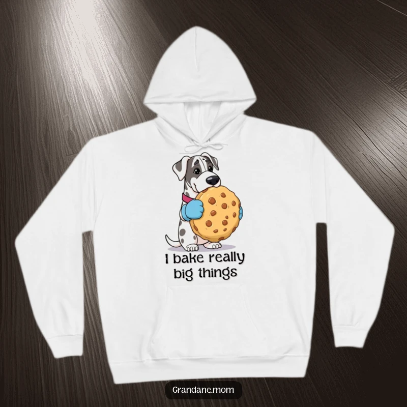 Funny Grand Dane hoodie, depicted with oven mitts, cradling a gigantic cookie, radiating warmth and humor. Perfect funny gift for the holidays.