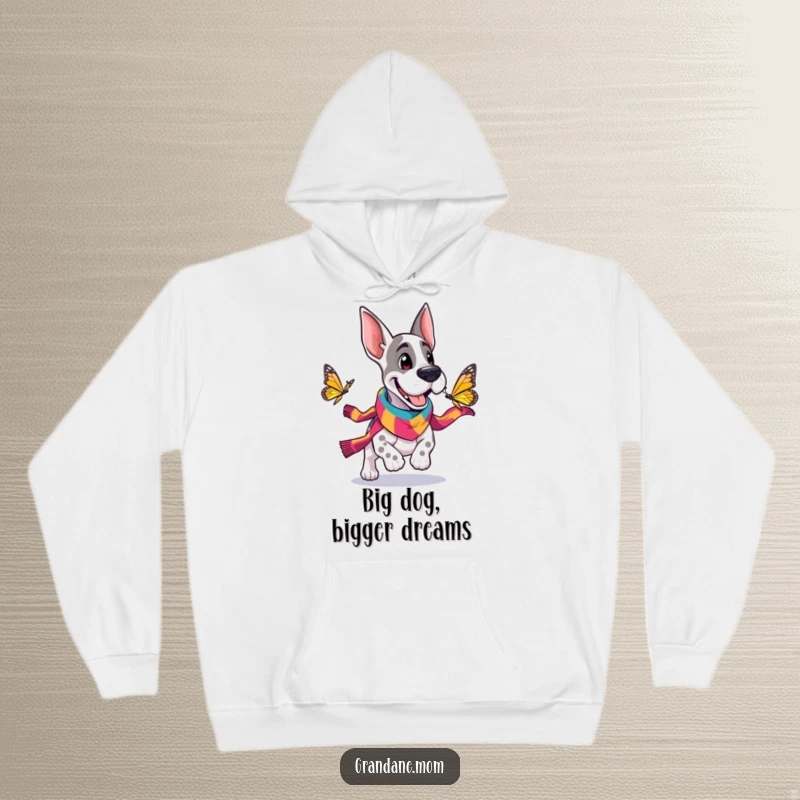 Funny hooded sweatshirt featuring a cheerful Grand Dane in a scarf joyfully pursuing a butterfly, embodying playful spirit.
