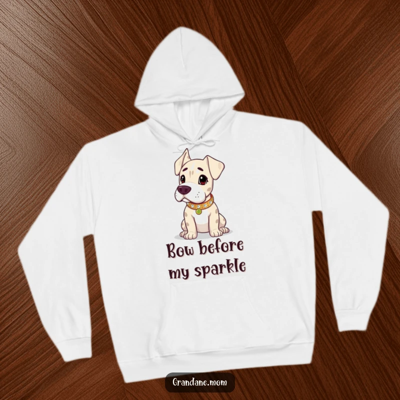 Funny Grand Dane hoodie, dog wearing a dazzling sparkling collar, looking down with authority. Perfect funny gift for pampered pet parents.