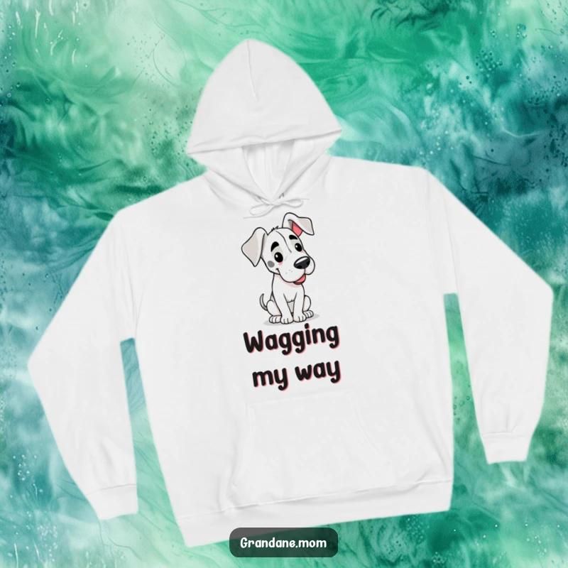 Funny hoodie showcasing a happy Grand Dane with floppy ears, its tail wagging slowly in an expression of pure joy.