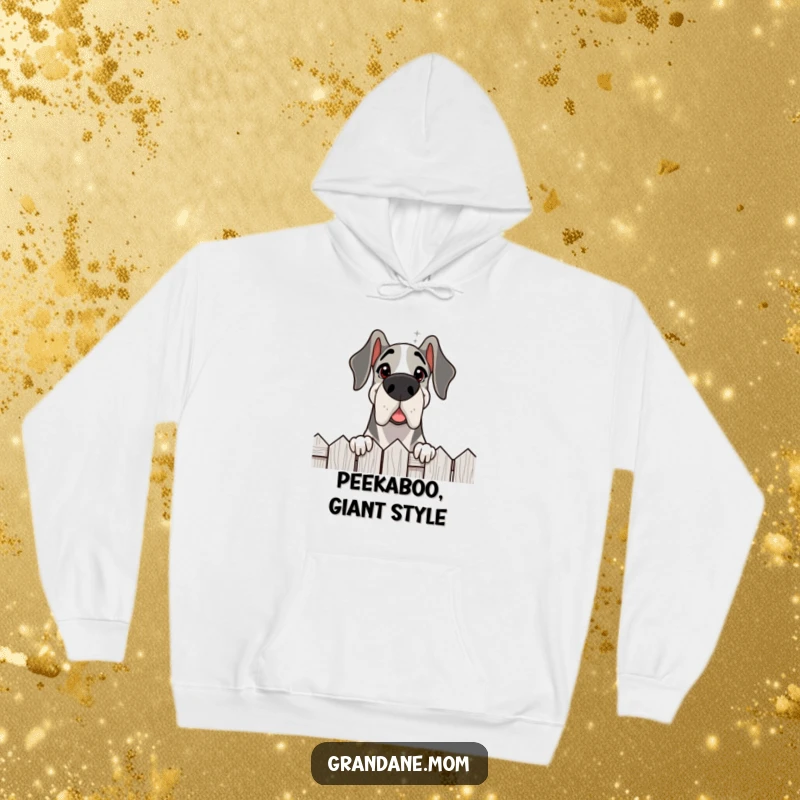 Funny Grand Dane hoodie, a delighted large dog peering curiously over a fence with a friendly gaze, perfect for cozy viewing.