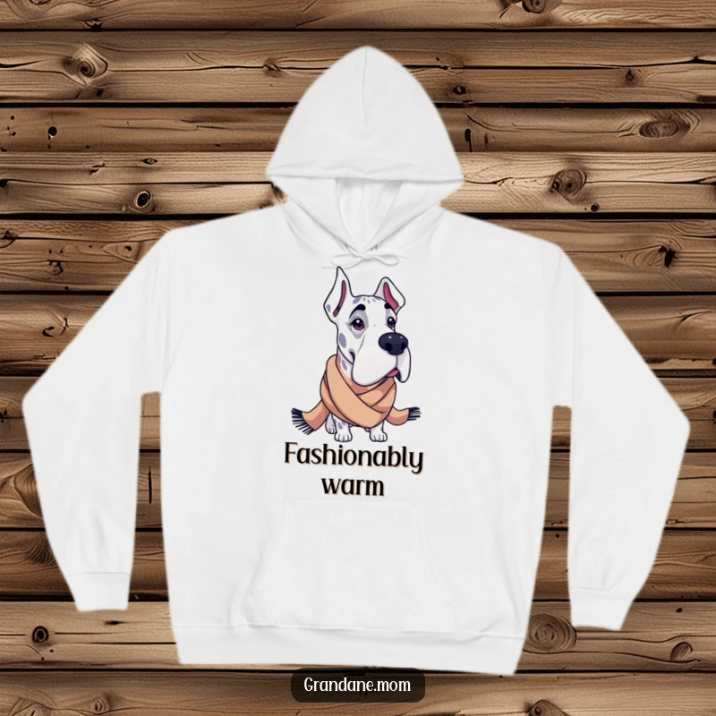 Funny Grand Dane hoodie featuring a large dog looking fashionable in an oversized scarf, embodying cozy elegance and humor.