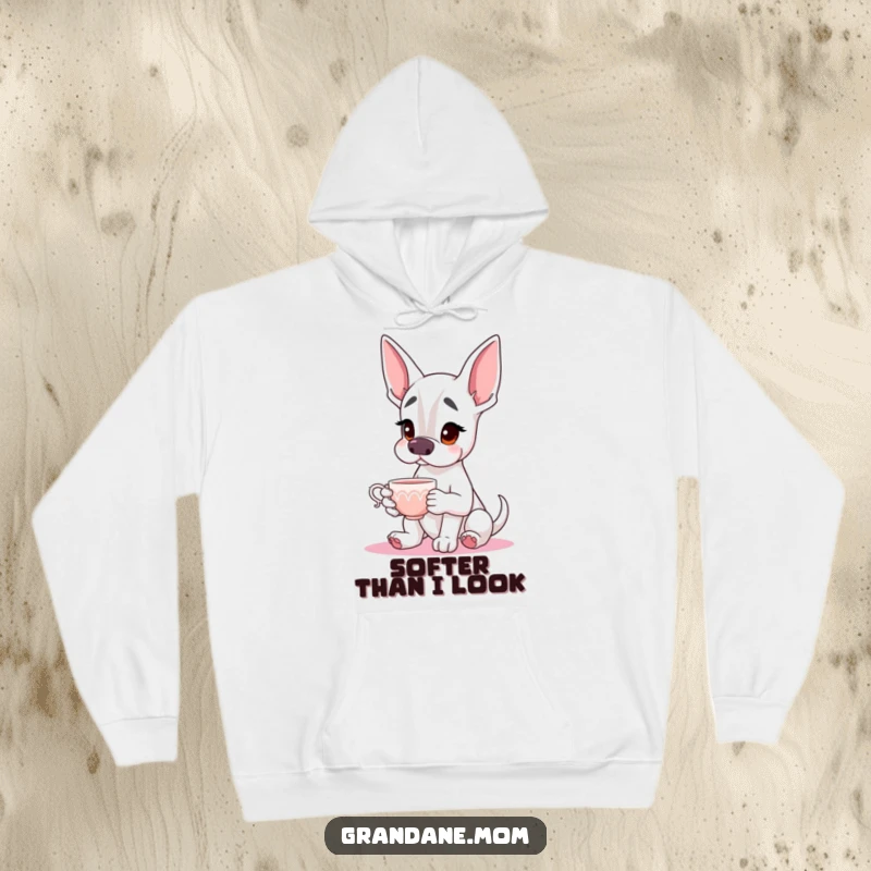 Funny Grand Dane Hoodie illustrating a warm, gentle dog holding a dainty teacup, perfect for cold days and dog enthusiasts.