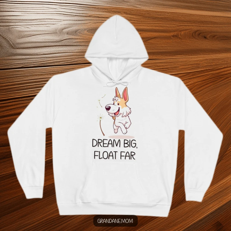 Funny Grand Dane Hoodie: Majestic yet playful dog in pursuit of a floating dandelion seed, radiating pure joy and warmth.