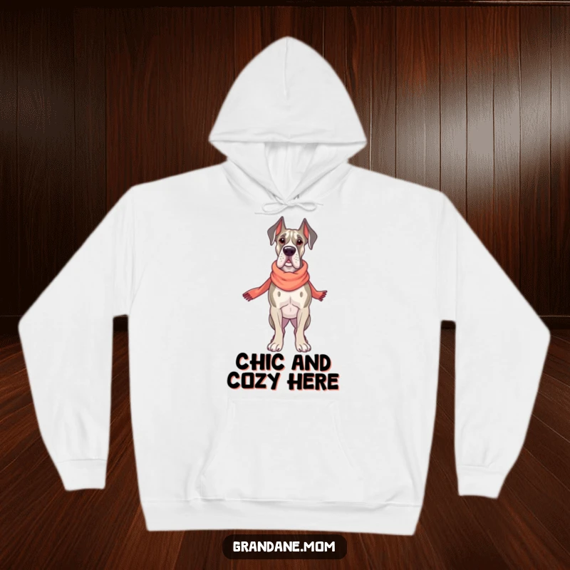 Funny Grand Dane Dapper Hoodie, a proud dog with an elegant scarf, exuding warmth and style, a cozy funny gift.