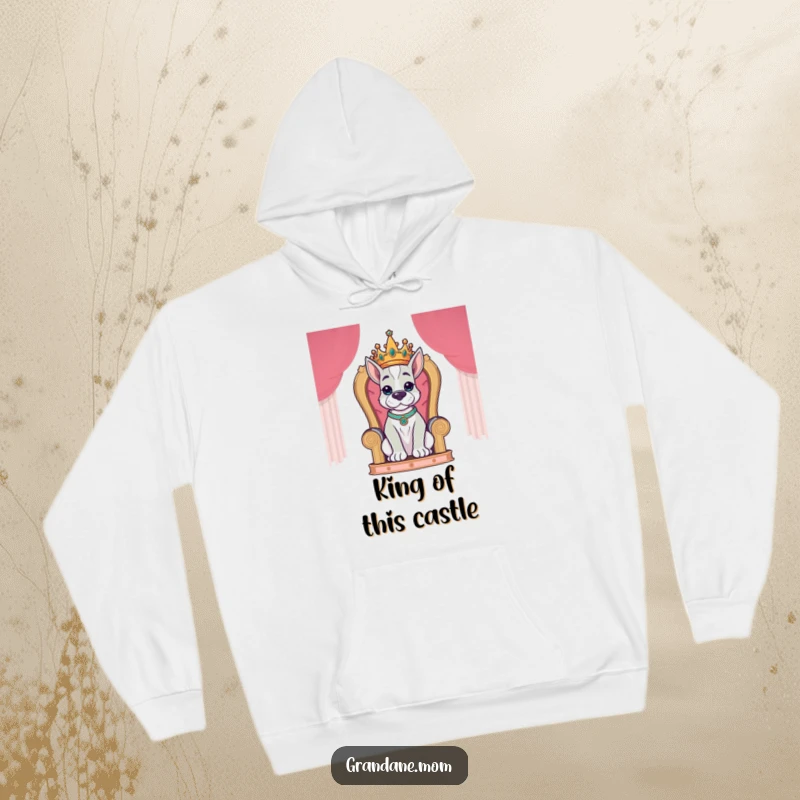 Funny Grand Dane King Hoodie showing a proud Grand Dane dog wearing a crown, seated regally on a throne.