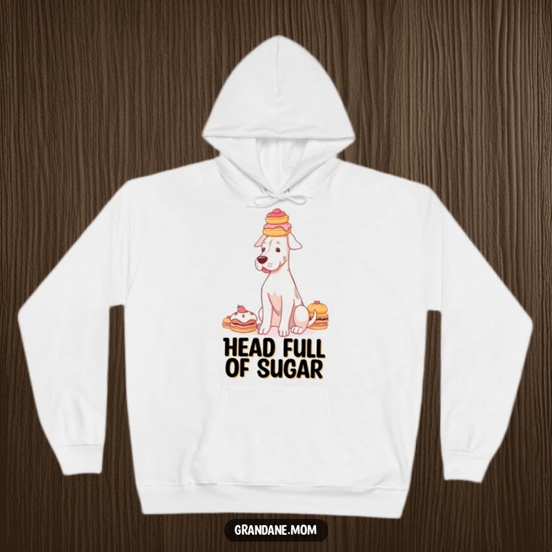 Funny Grand Dane hoodie with a graceful dog balancing a delicious stack of pastries on its head, cozy and chic.