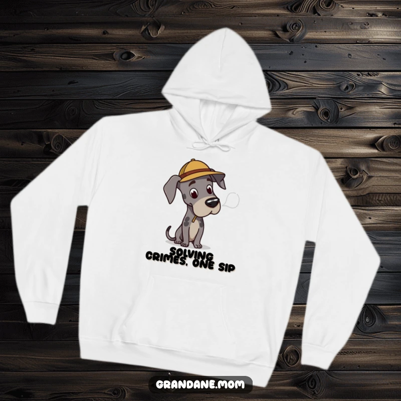 Funny Great Dane detective hoodie, a comfy garment featuring a thoughtful dog in a hat, perfect for gifting.