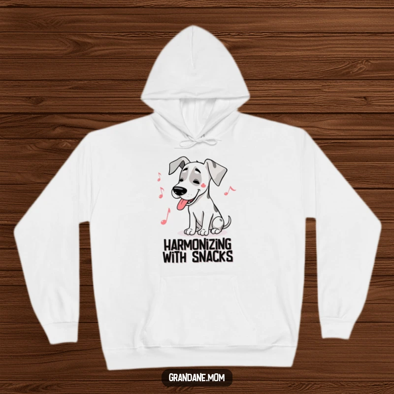 Funny Great Dane musician hoodie showing a large dog humming a joyful tune, with a musical note symbol nearby.