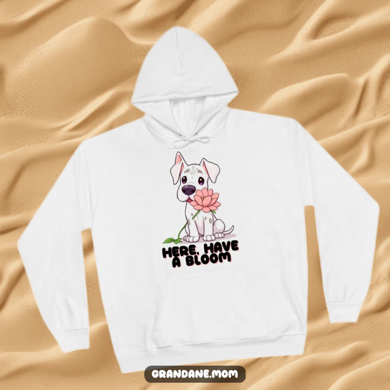 Funny Grand Dane hoodie, showing a gentle dog with a sweet expression, offering a large, colorful flower.
