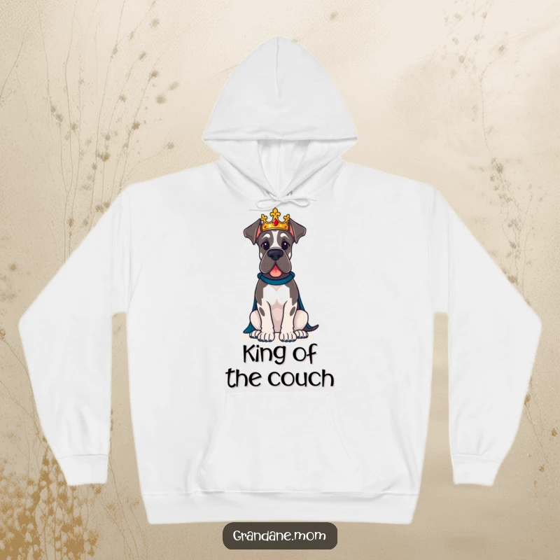 Funny Great Dane dog wearing a crown sits proudly, a warm and humorous hoodie for royalty.