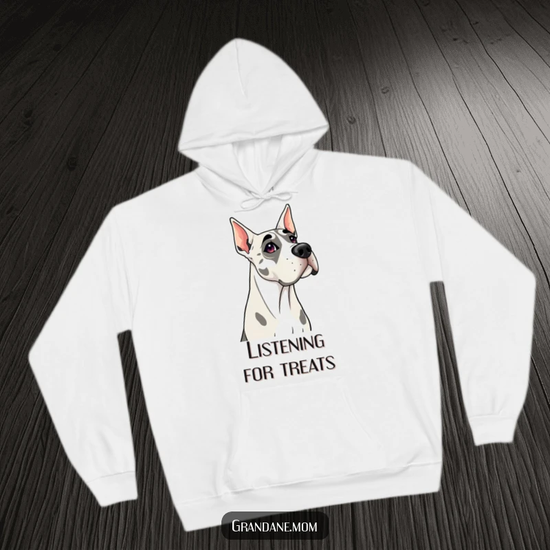 Funny Grand Dane hoodie depicting a curious dog tilting its head, offering warmth and a touch of inquisitive humor.
