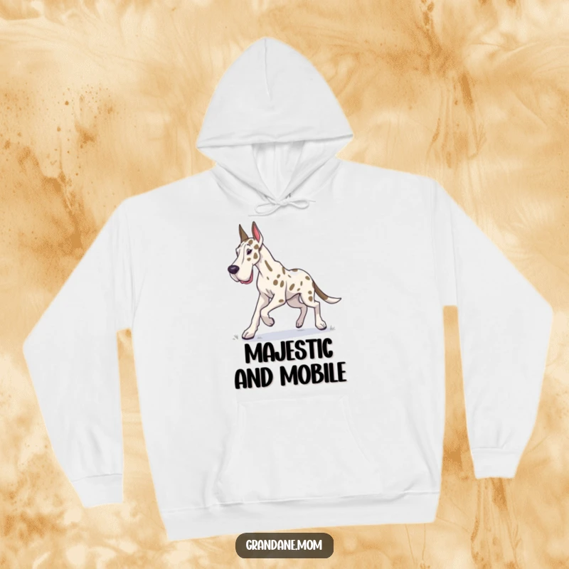 Funny Grand Dane hoodie featuring a dog in a determined trot, ready for exploration and cozy comfort.