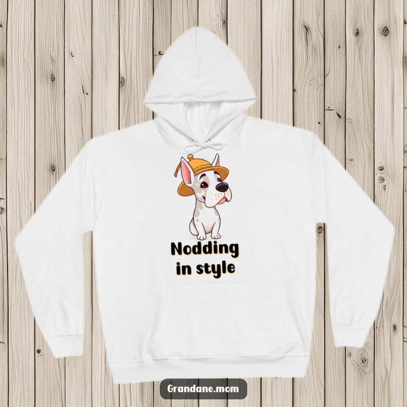 Funny hoodie featuring a Grand Dane wearing a whimsical hat and giving a gentle, humorous head nod.