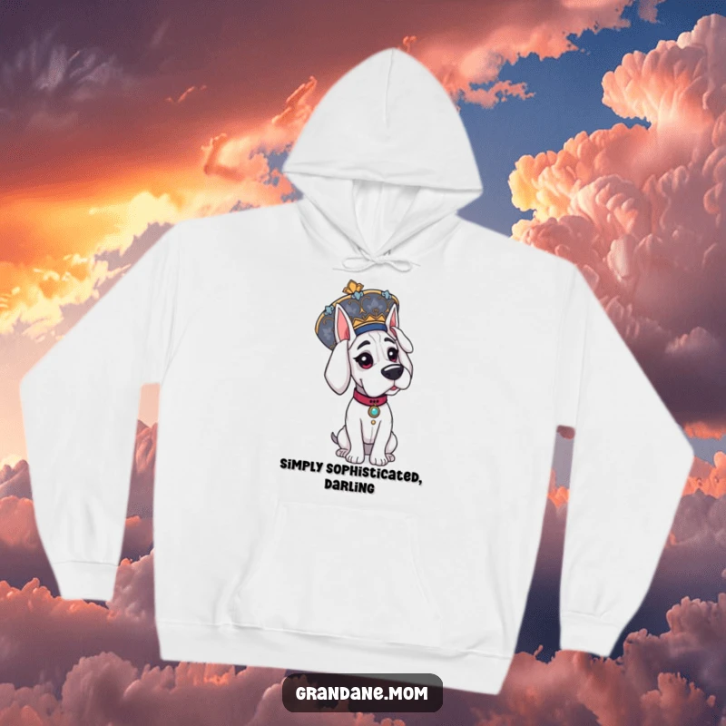 Funny Grand Dane hoodie, showing an elegant dog proudly wearing a large, striking, ornate hat.