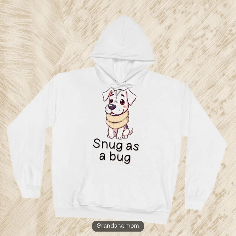 Funny Grand Dane Hoodie showing a dog snuggled in a thick knitted scarf, radiating warmth and cozy comfort.