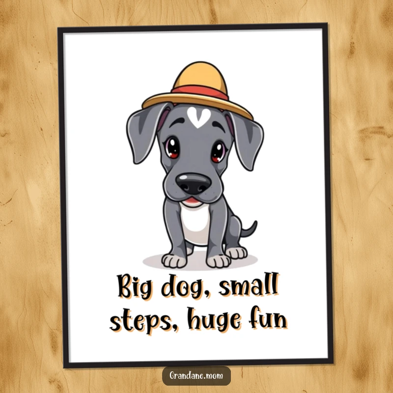 Funny Free Printable Wall Art: a Kawaii Great Dane character wearing an elegant hat, tiptoeing with playful grace and charm.