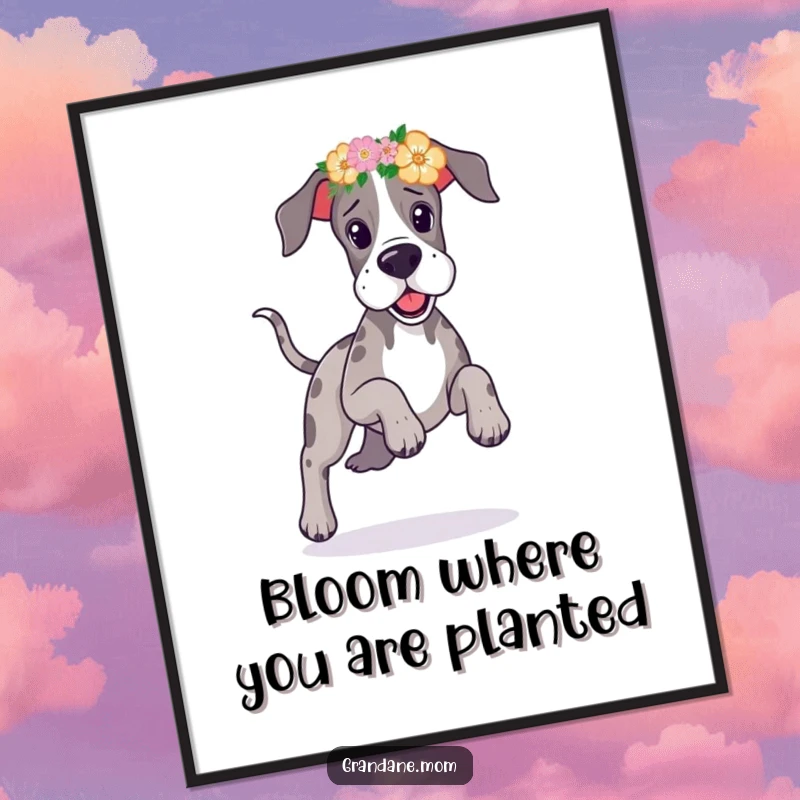 Funny Free Printable Wall Art: Great Dane adorned with a floral headband, prancing joyfully, adding a splash of color and happiness.