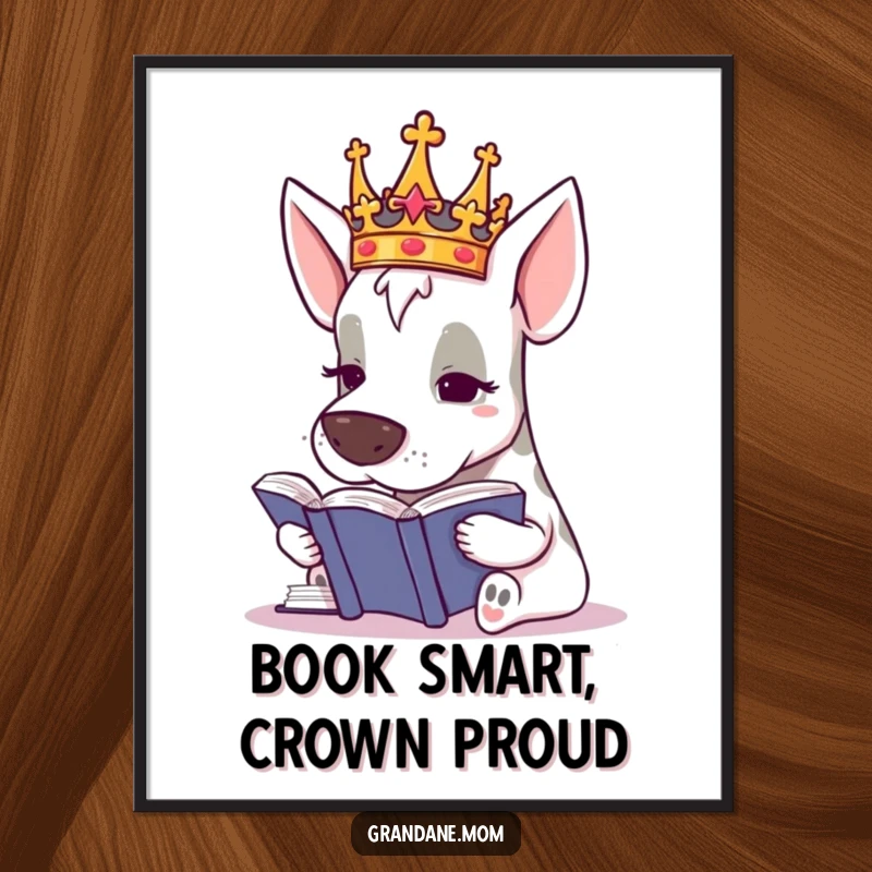 Funny Free Printable wall art depicting a Grand Dane wearing a tiny crown, looking scholarly while intently studying a large book.