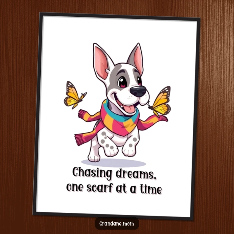 Funny Free Printable Wall Art: A cheerful Grand Dane in a colorful scarf chasing a butterfly, whimsical dog art.