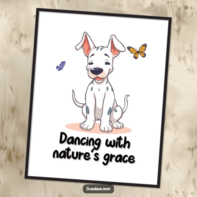 Funny Free Printable Grand Dane Wall Art: Dog wiggling playfully, attempting to dance with a butterfly, energetic downloadable art.
