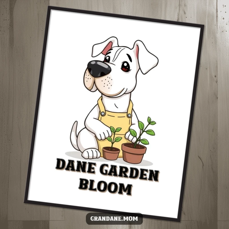 Funny Free Printable Wall Art: A huge Grand Dane in a gardening apron tenderly nurtures a tiny sprout, creating charming decor.