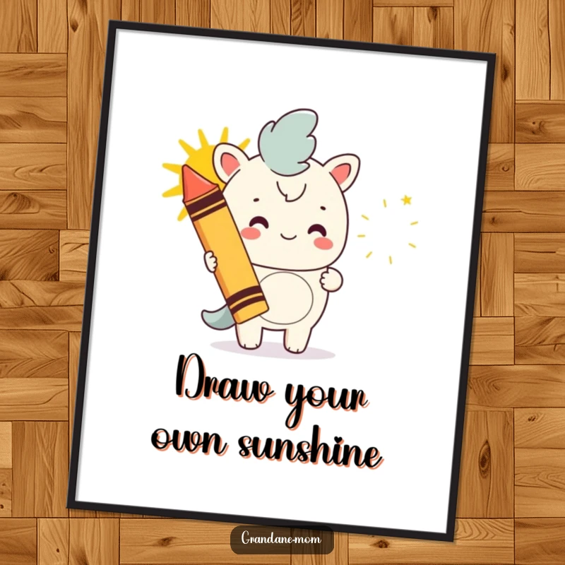 Funny Free Printable Wall Art: A daniff holding a giant crayon, drawing a big, happy sun with artistic flair.