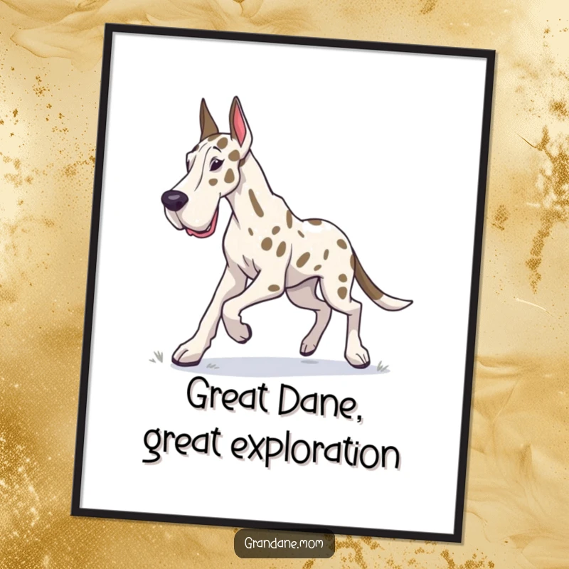 Funny Free Printable Grand Dane Wall Art: A dog with a determined trot, exploring its surroundings, perfect for downloadable decor.