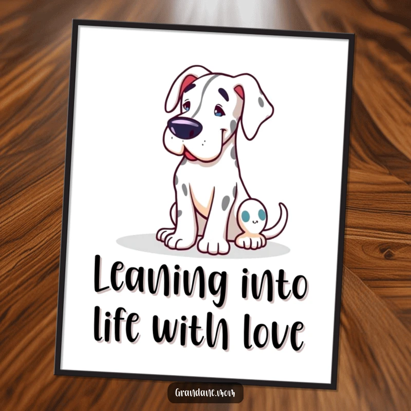 Funny Free Printable Grand Dane wall art depicting a giant dog leaning affectionately, perfect for cozy home decor.