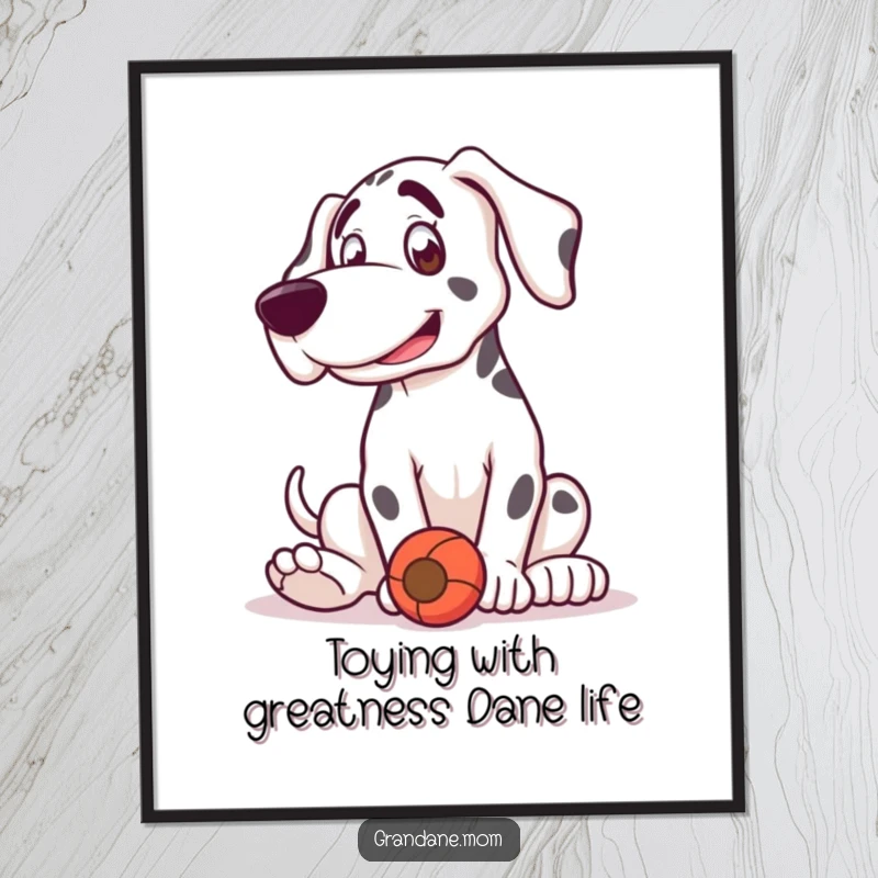 Funny Free Printable Grand Dane Wall Art: A dog with a playful bounce engaging with a toy, perfect for downloadable decor.