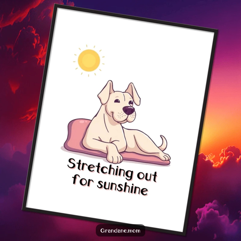 Funny Free Printable Grand Dane wall art, a dog blissfully stretching in the sun, embodying relaxation and joy.