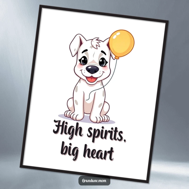 Funny Free Printable wall art featuring a smiling Grand Dane dog holding a single, bright balloon, exuding cheerfulness.