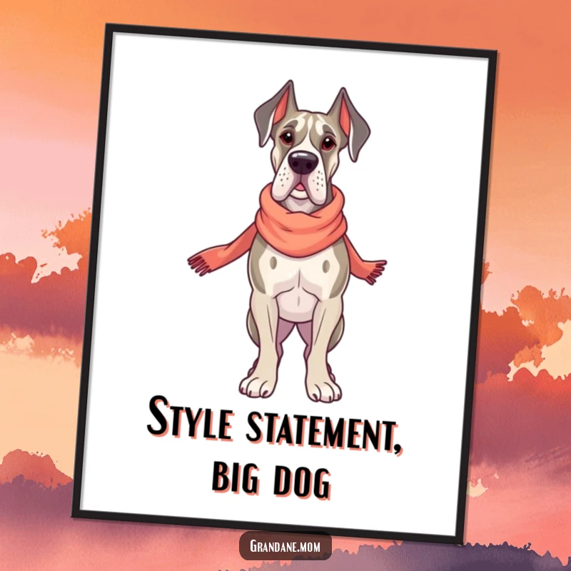 Funny Free Printable wall art featuring a proud Grand Dane standing elegantly, wearing a tiny, chic scarf, looking quite distinguished.