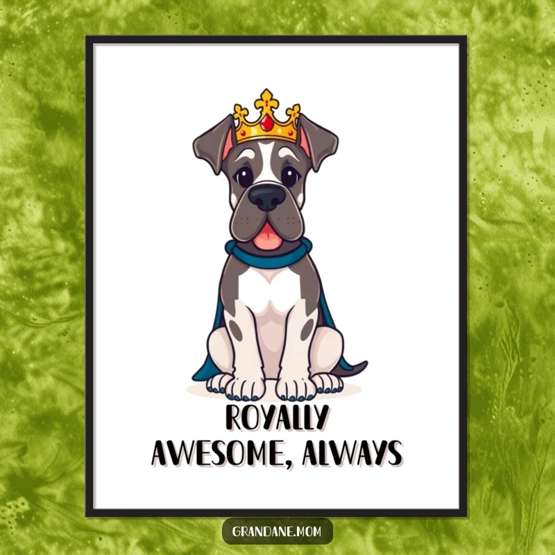 Funny Free Printable Great Dane wearing a regal crown sits proudly as downloadable wall art.